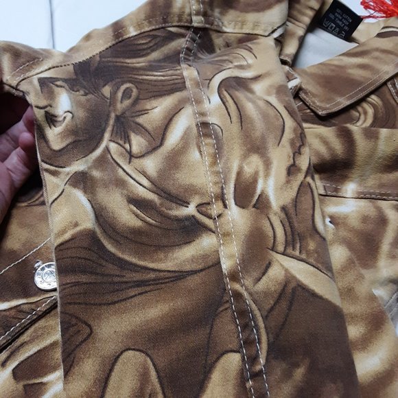 Navi Jeans Vintage Denim Jean Jacket Japanese Anime Design Gold Tie-Dye Size S - Picture 8 of 11